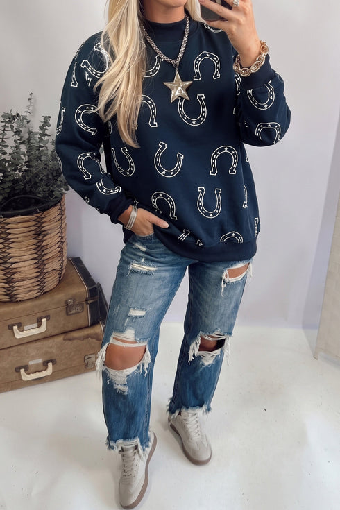 Western Horseshoe Print Mock Neck Long Sleeve Pullover Sweatshirt