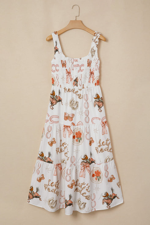 Western Horseshoe Print Smocked Sleeveless A-Line Midi Dress