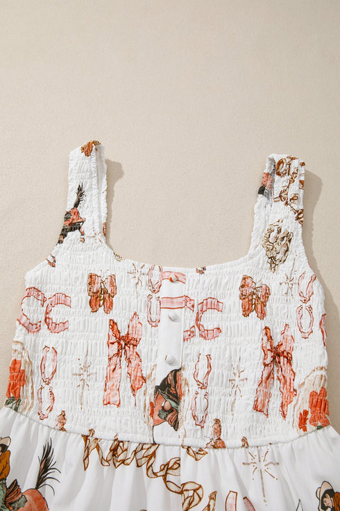 Western Horseshoe Print Smocked Sleeveless A-Line Midi Dress