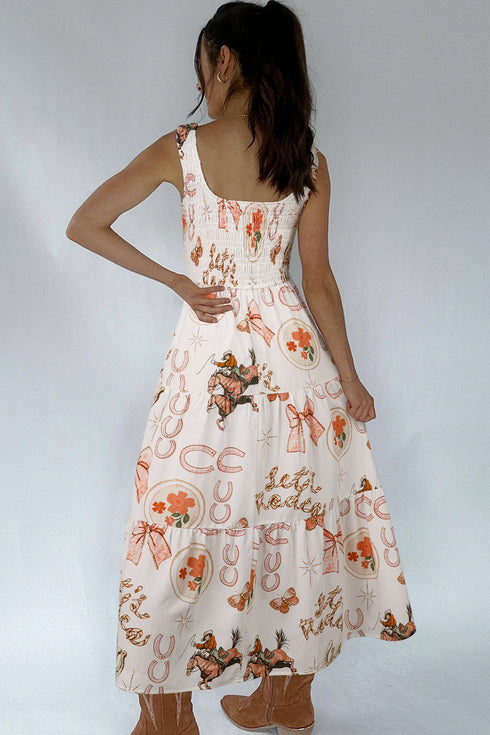 Western Horseshoe Print Smocked Sleeveless A-Line Midi Dress