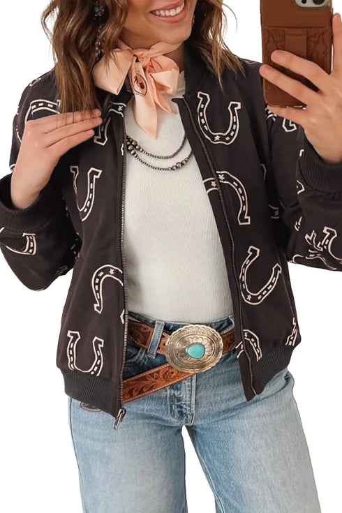 Western Horseshoe Print Zip Up Pocket Relaxed Shift Jacket