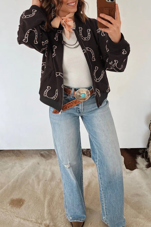 Western Horseshoe Print Zip Up Pocket Relaxed Shift Jacket