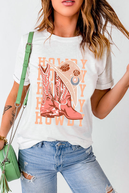 Western Howdy Boots Graphic Crew Neck Short Sleeve Tee