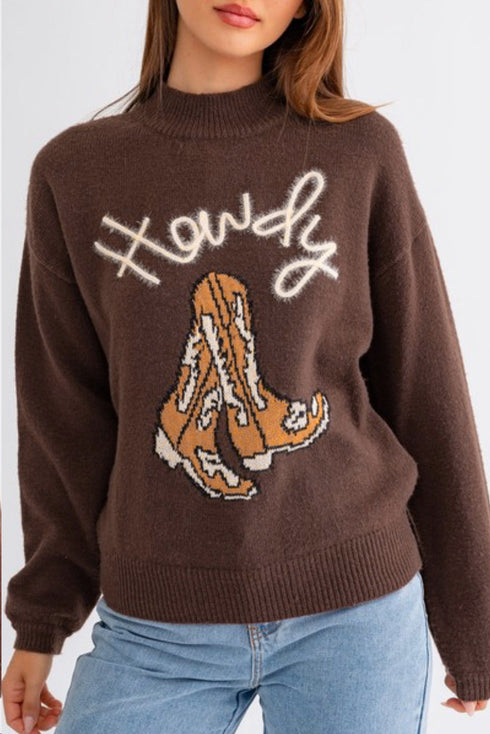 Western Howdy Graphic Knit Mock Neck Sweater