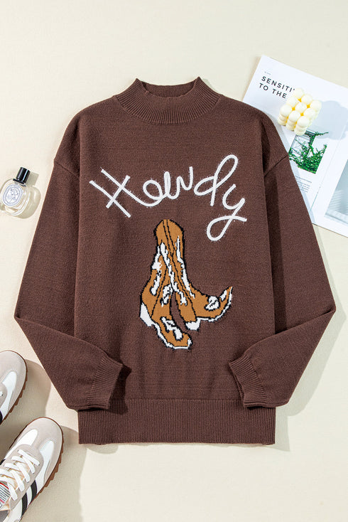 Western Howdy Graphic Knit Mock Neck Sweater