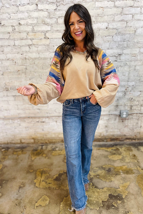 Western Inspired Aztec Print Sleeve Raglan Pullover Sweatshirt