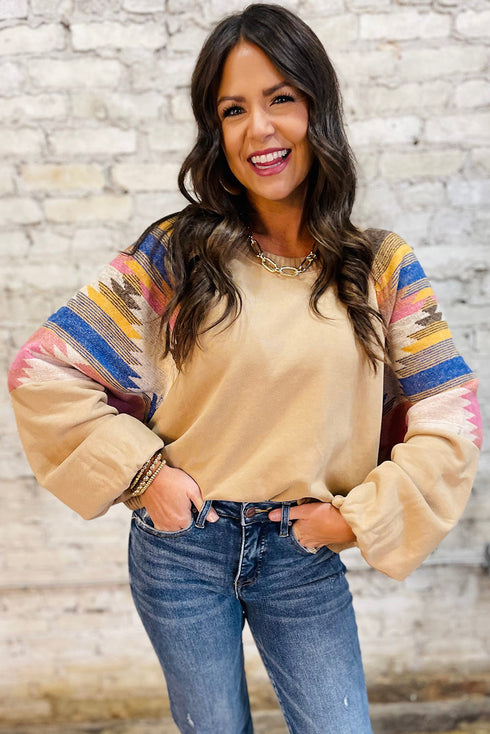 Western Inspired Aztec Print Sleeve Raglan Pullover Sweatshirt