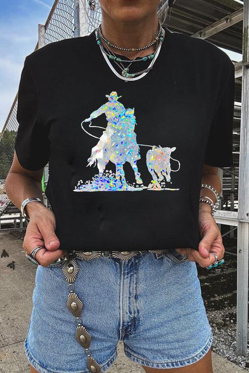 Western Inspired Cowboy Graphic Print Crewneck Tee