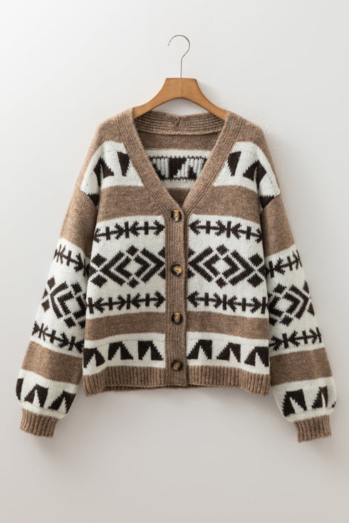 Western Inspired Geometric Knit V Neck Cardigan