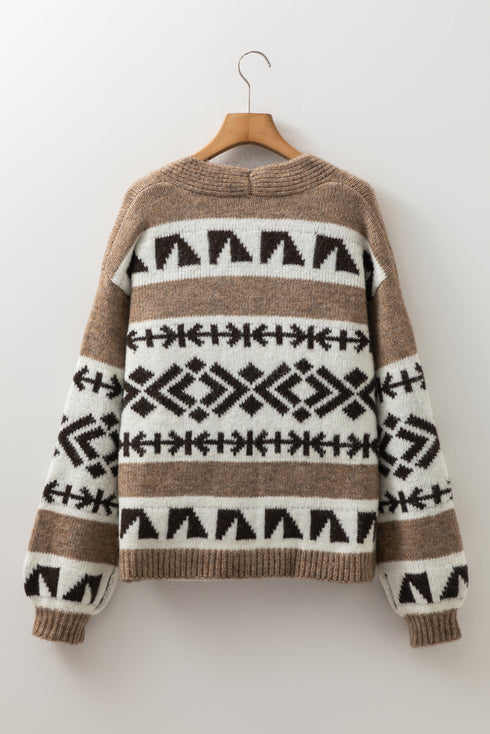 Western Inspired Geometric Knit V Neck Cardigan