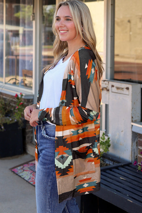 Western Inspired Geometric Print Open Front Cardigan