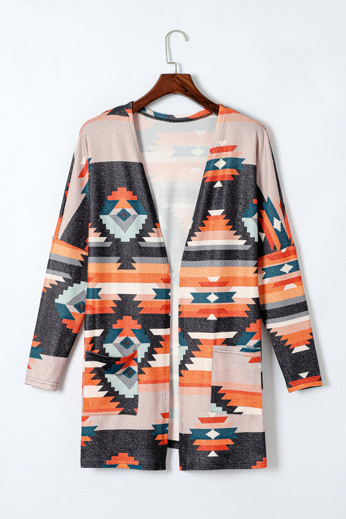 Western Inspired Geometric Print Open Front Cardigan