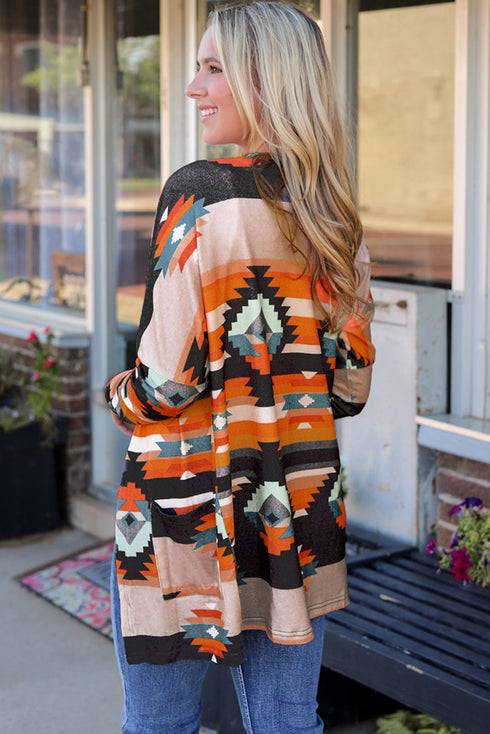 Western Inspired Geometric Print Open Front Cardigan