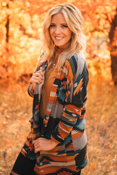 Western Inspired Geometric Print Open Front Cardigan