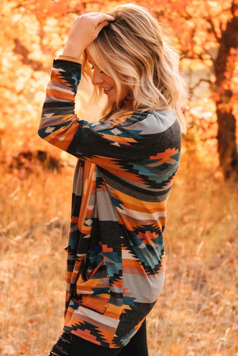 Western Inspired Geometric Print Open Front Cardigan