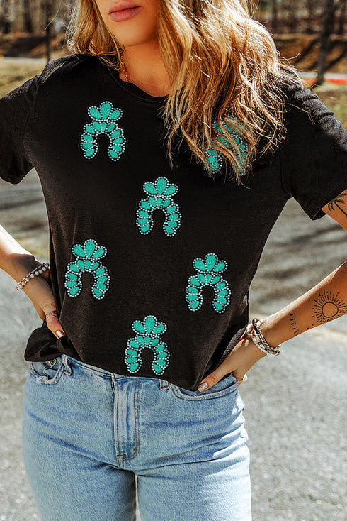 Western Inspired Sequin Squash Blossom Graphic Print T Shirt