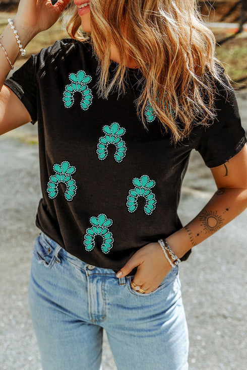 Western Inspired Sequin Squash Blossom Graphic Print T Shirt