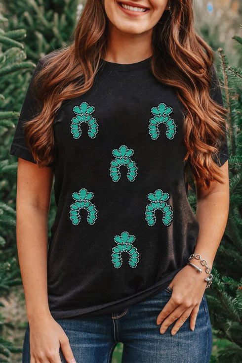 Western Inspired Sequin Squash Blossom Graphic Print T Shirt