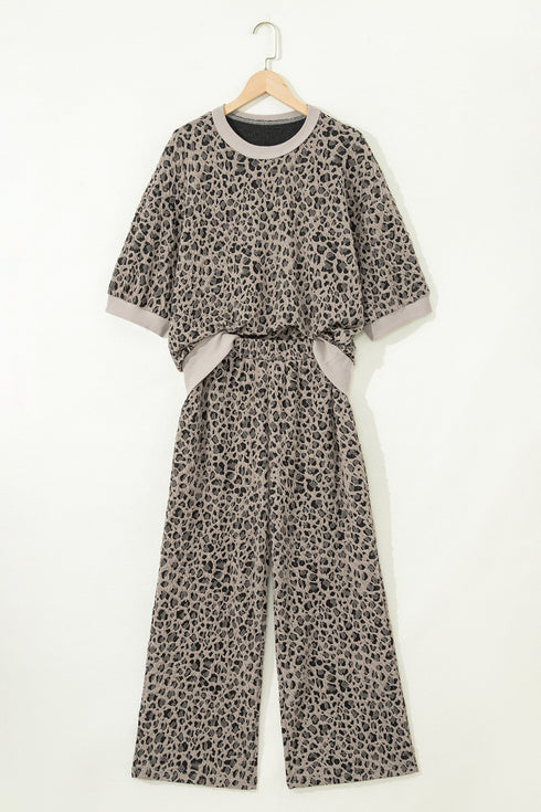 Western Jacquard Leopard Print Wide Leg Pant Set