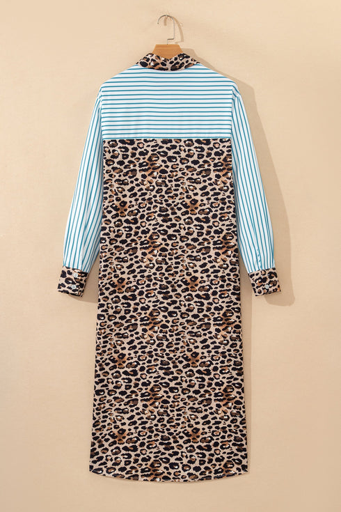 Western Leopard And Striped Patchwork Slit Maxi Dress