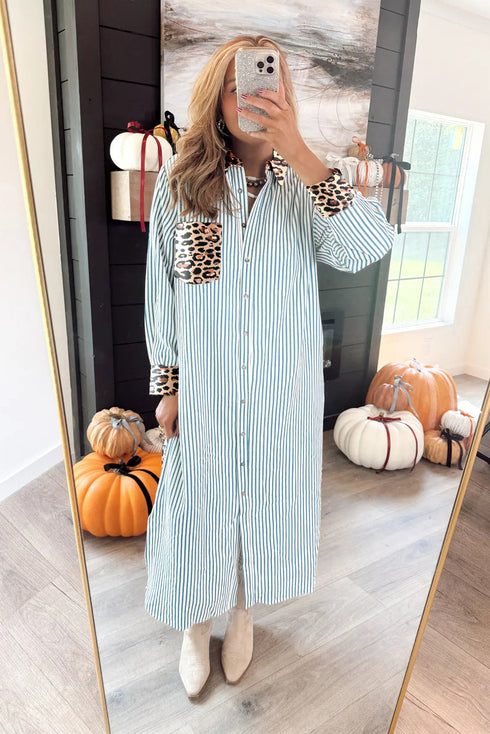 Western Leopard And Striped Patchwork Slit Maxi Dress