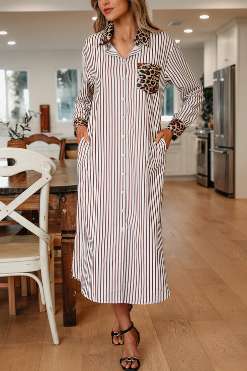 Western Leopard And Striped Patchwork Slit Maxi Dress