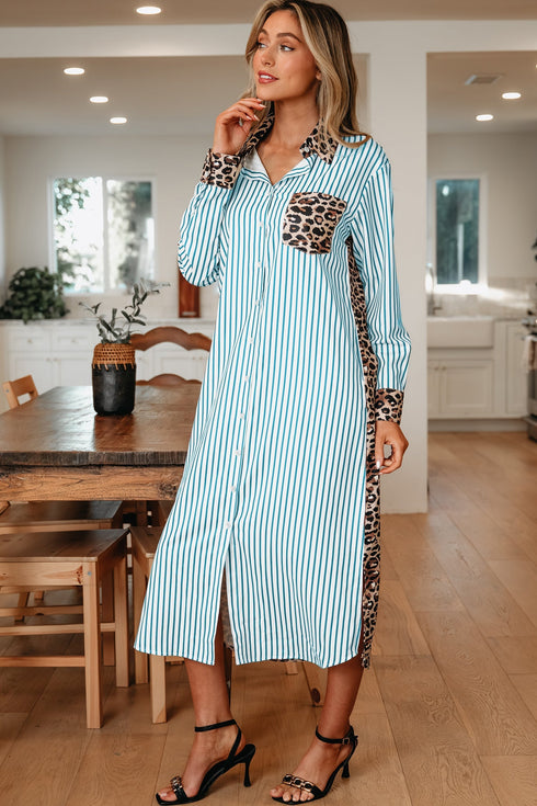 Western Leopard And Striped Patchwork Slit Maxi Dress