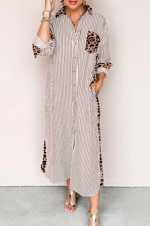 Western Leopard And Striped Patchwork Slit Maxi Dress