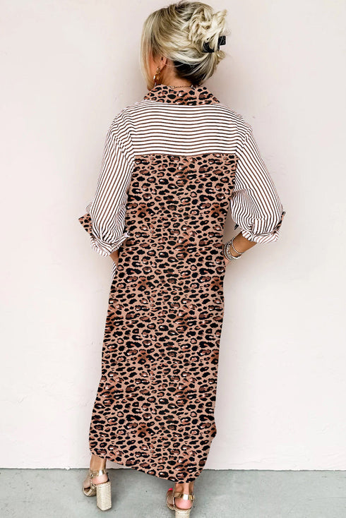 Western Leopard And Striped Patchwork Slit Maxi Dress