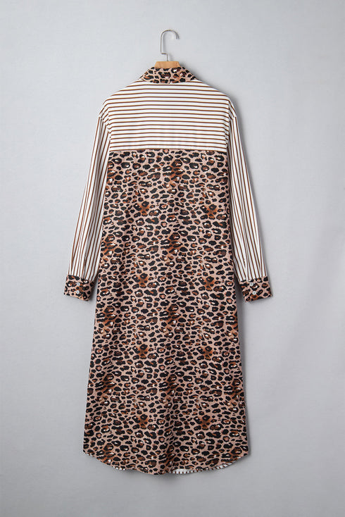 Western Leopard And Striped Patchwork Slit Maxi Dress
