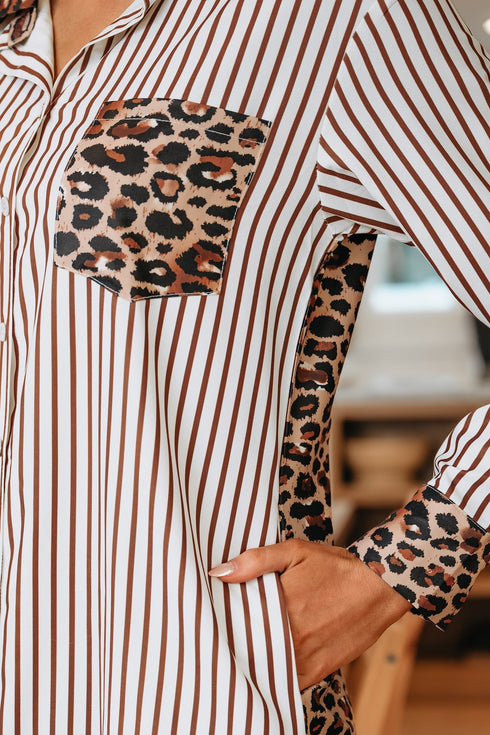 Western Leopard And Striped Patchwork Slit Maxi Dress