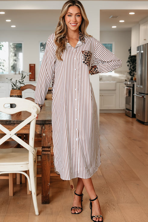 Western Leopard And Striped Patchwork Slit Maxi Dress