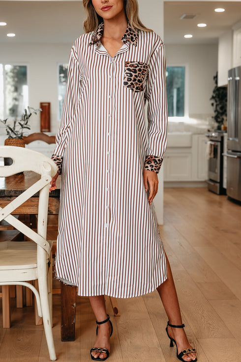 Western Leopard And Striped Patchwork Slit Maxi Dress