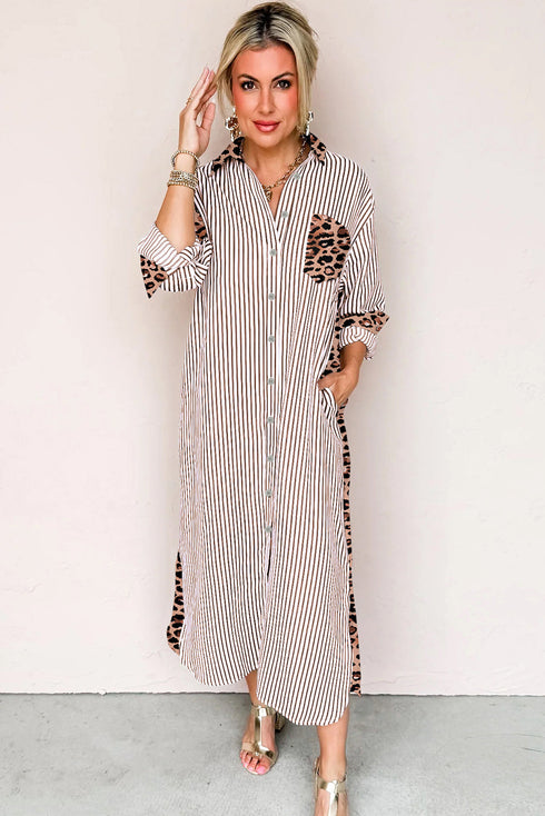 Western Leopard And Striped Patchwork Slit Maxi Dress