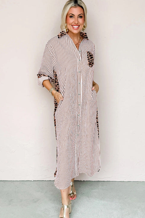 Western Leopard And Striped Patchwork Slit Maxi Dress