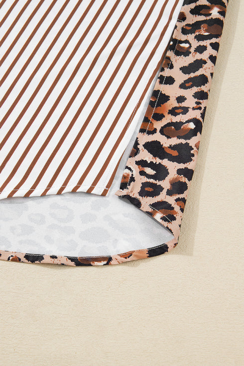 Western Leopard And Striped Patchwork Slit Maxi Dress