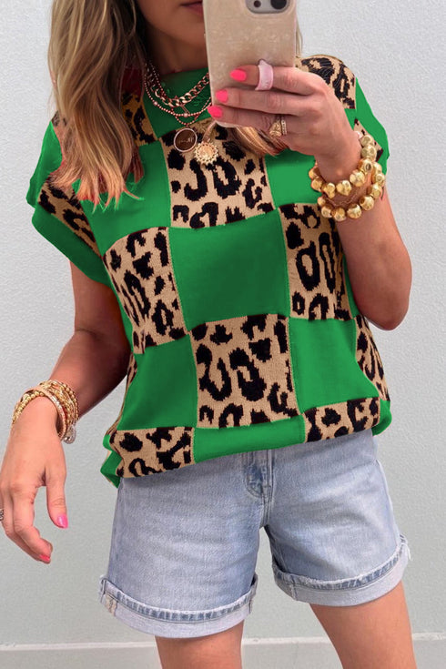 Western Leopard Checkerboard Print Knit Short Sleeve Sweater