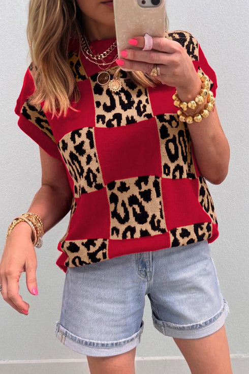 Western Leopard Checkerboard Print Knit Short Sleeve Sweater
