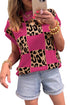 Western Leopard Checkerboard Print Knit Short Sleeve Sweater