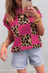 Western Leopard Checkerboard Print Knit Short Sleeve Sweater