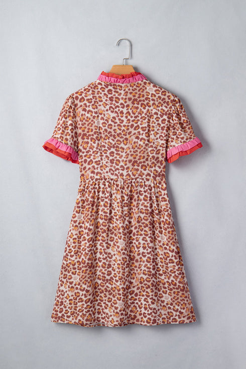 Western Leopard Color Block Contrast Trim A Line Mini Dress