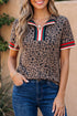 Western Leopard Jacquard Patchwork Half Zip Short Sleeve Blouse