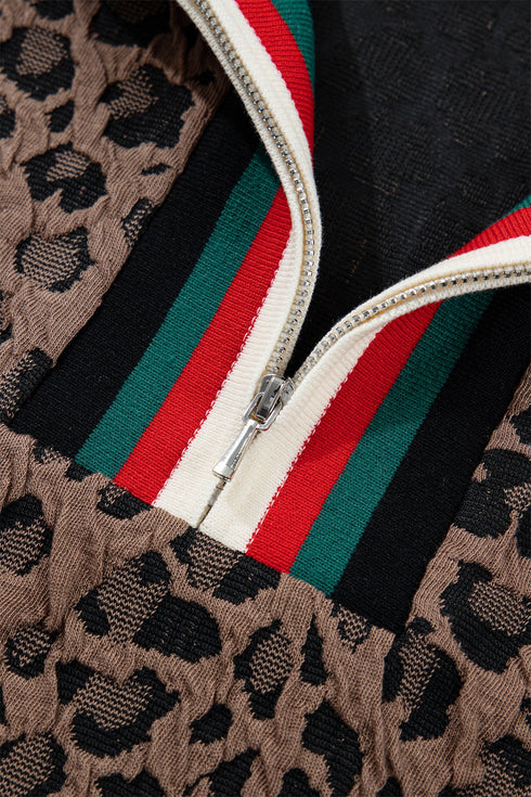 Western Leopard Jacquard Patchwork Half Zip Short Sleeve Blouse
