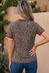 Western Leopard Jacquard Patchwork Half Zip Short Sleeve Blouse