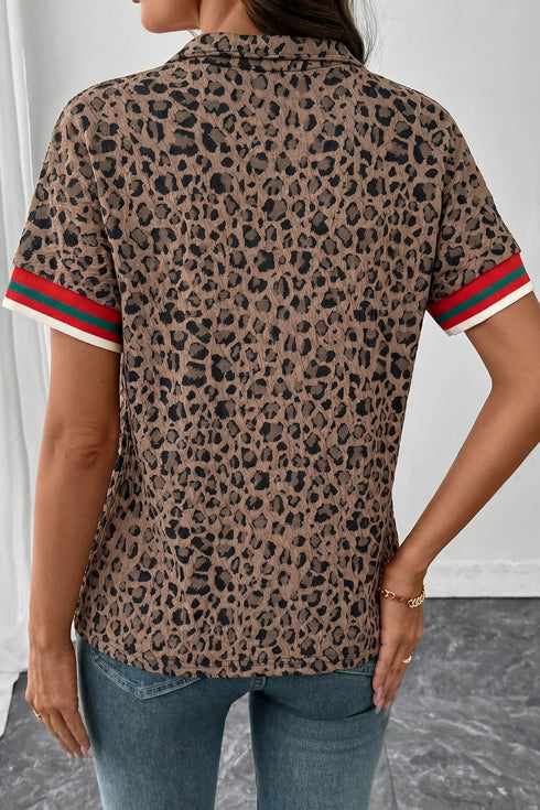 Western Leopard Jacquard Patchwork Half Zip Short Sleeve Blouse