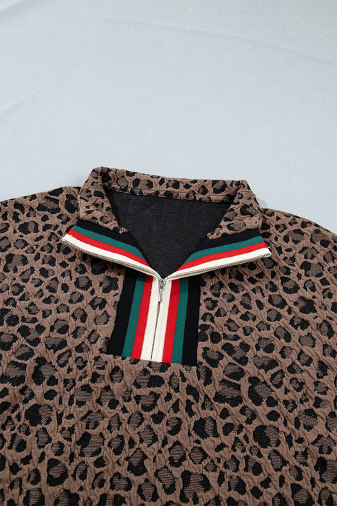 Western Leopard Jacquard Patchwork Half Zip Short Sleeve Blouse