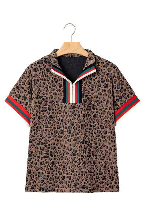 Western Leopard Jacquard Patchwork Half Zip Short Sleeve Blouse