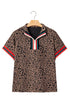 Western Leopard Jacquard Patchwork Half Zip Short Sleeve Blouse