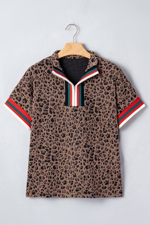 Western Leopard Jacquard Patchwork Half Zip Short Sleeve Blouse