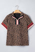 Western Leopard Jacquard Patchwork Half Zip Short Sleeve Blouse